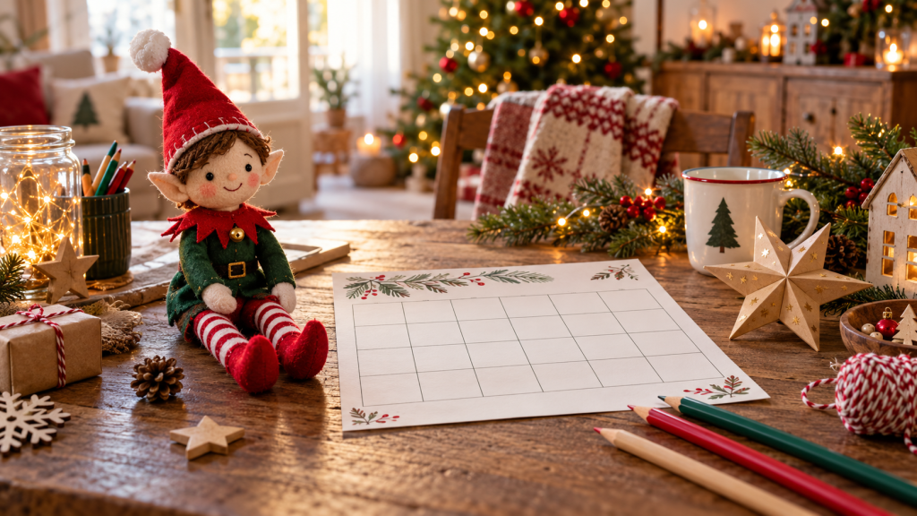Muñeco de elfo navideño junto a un calendario vacío, lápices y pequeños accesorios para preparar ideas de diciembre