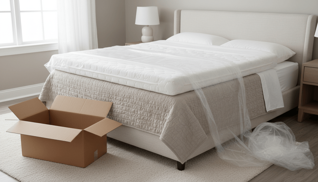 Colchón nuevo desenrollado sobre una cama con su caja abierta al lado