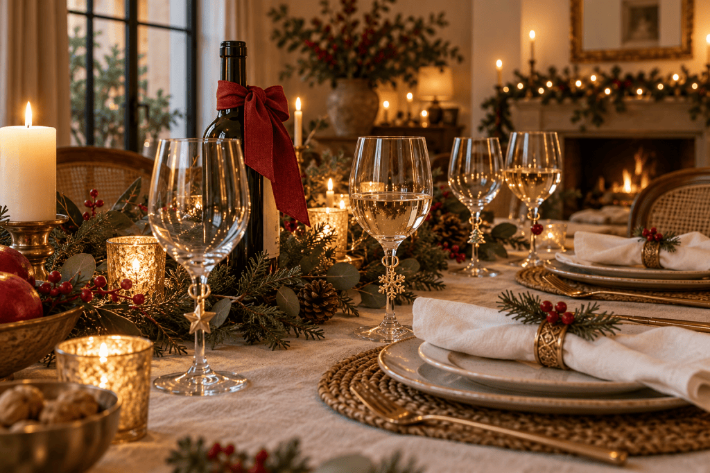 Copas con pequeños colgantes navideños, una botella con lazo rojo y servilletas con anillos decorativos