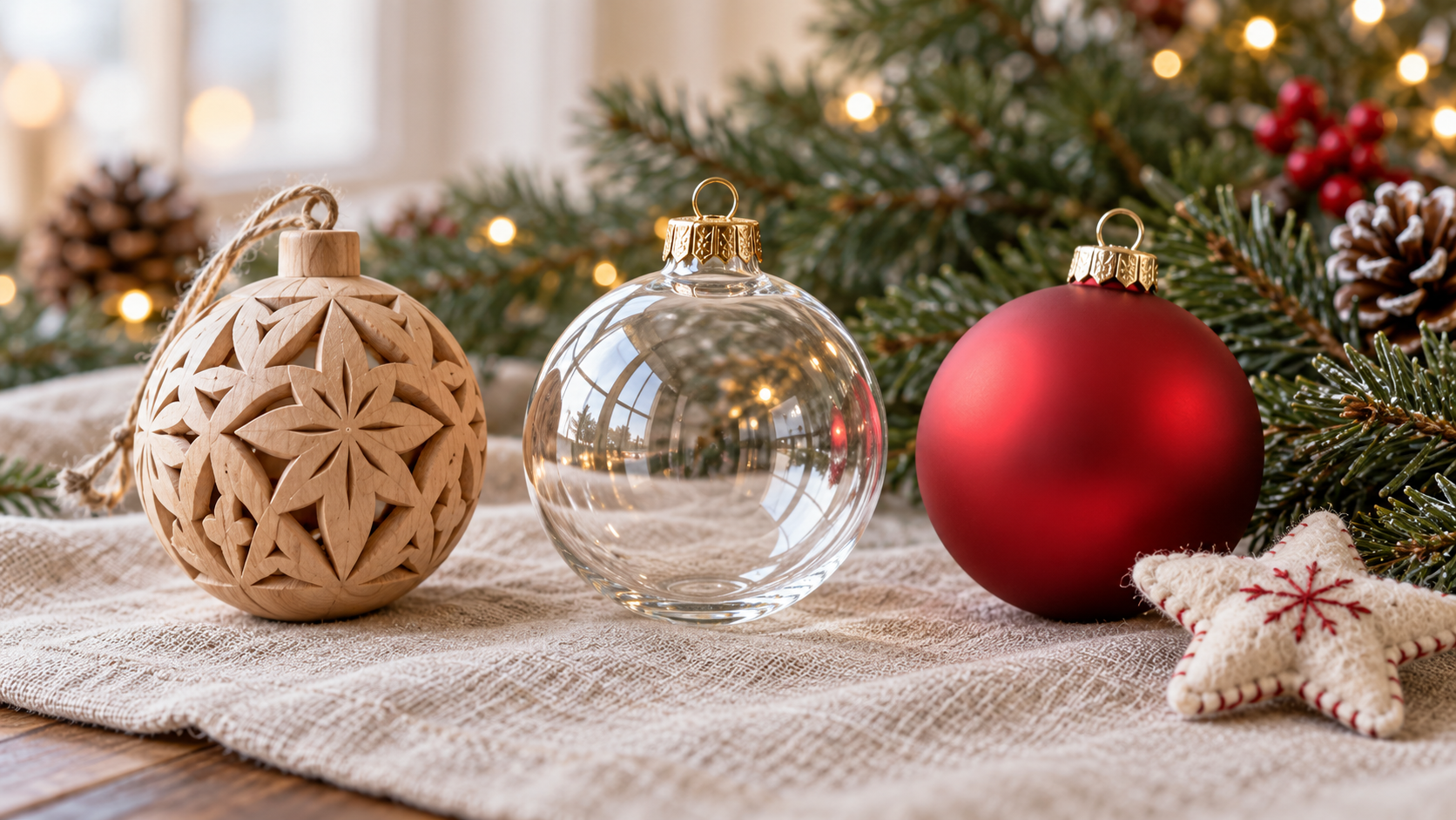 Tres adornos de Navidad comparados por material: bola de madera, bola transparente de cristal y bola roja de plástico