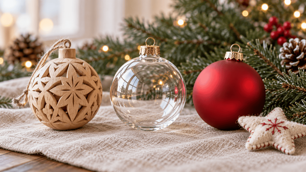 Tres adornos de Navidad comparados por material: bola de madera, bola transparente de cristal y bola roja de plástico