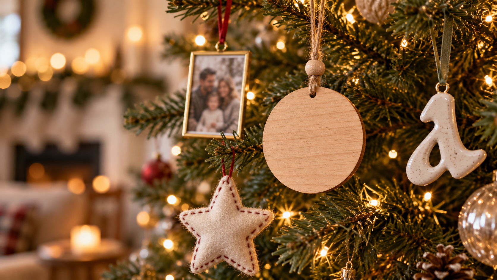 Adornos personalizados para el árbol de Navidad: disco de madera, marco con foto y estrella de fieltro