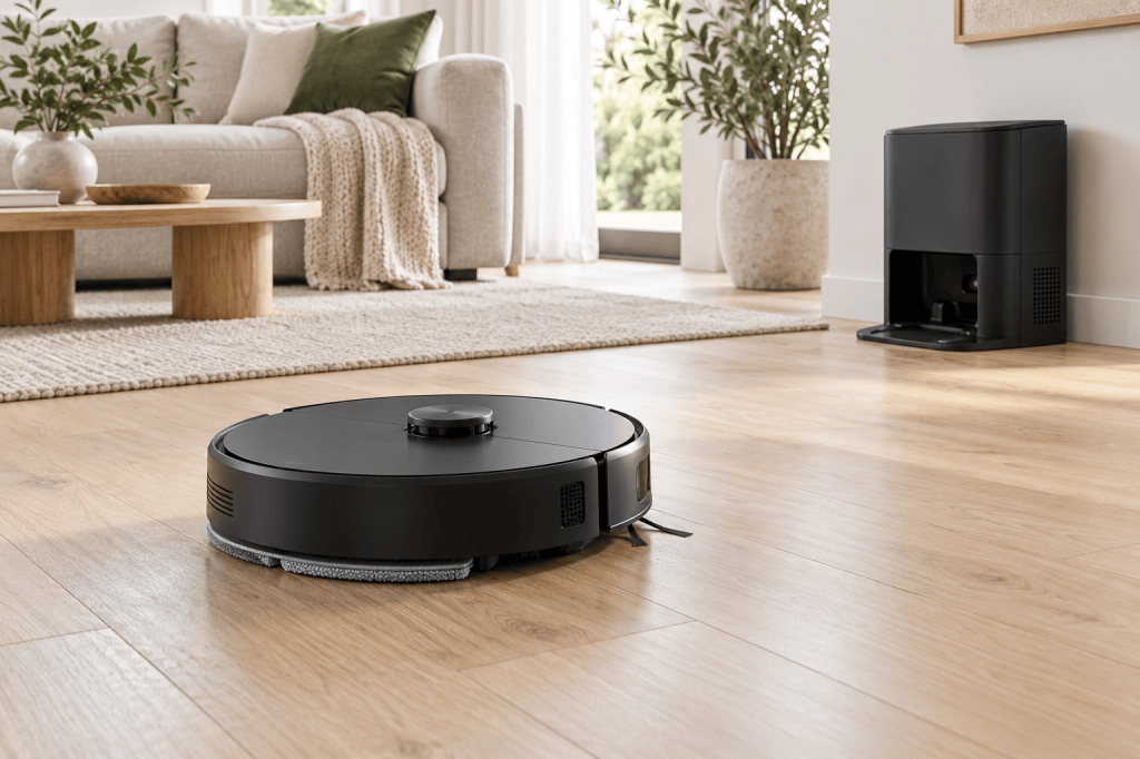 Robot aspirador negro con mopa limpiando un suelo de madera en un salón luminoso
