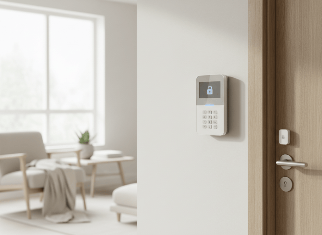 Sistema de alarma doméstica con panel y sensores