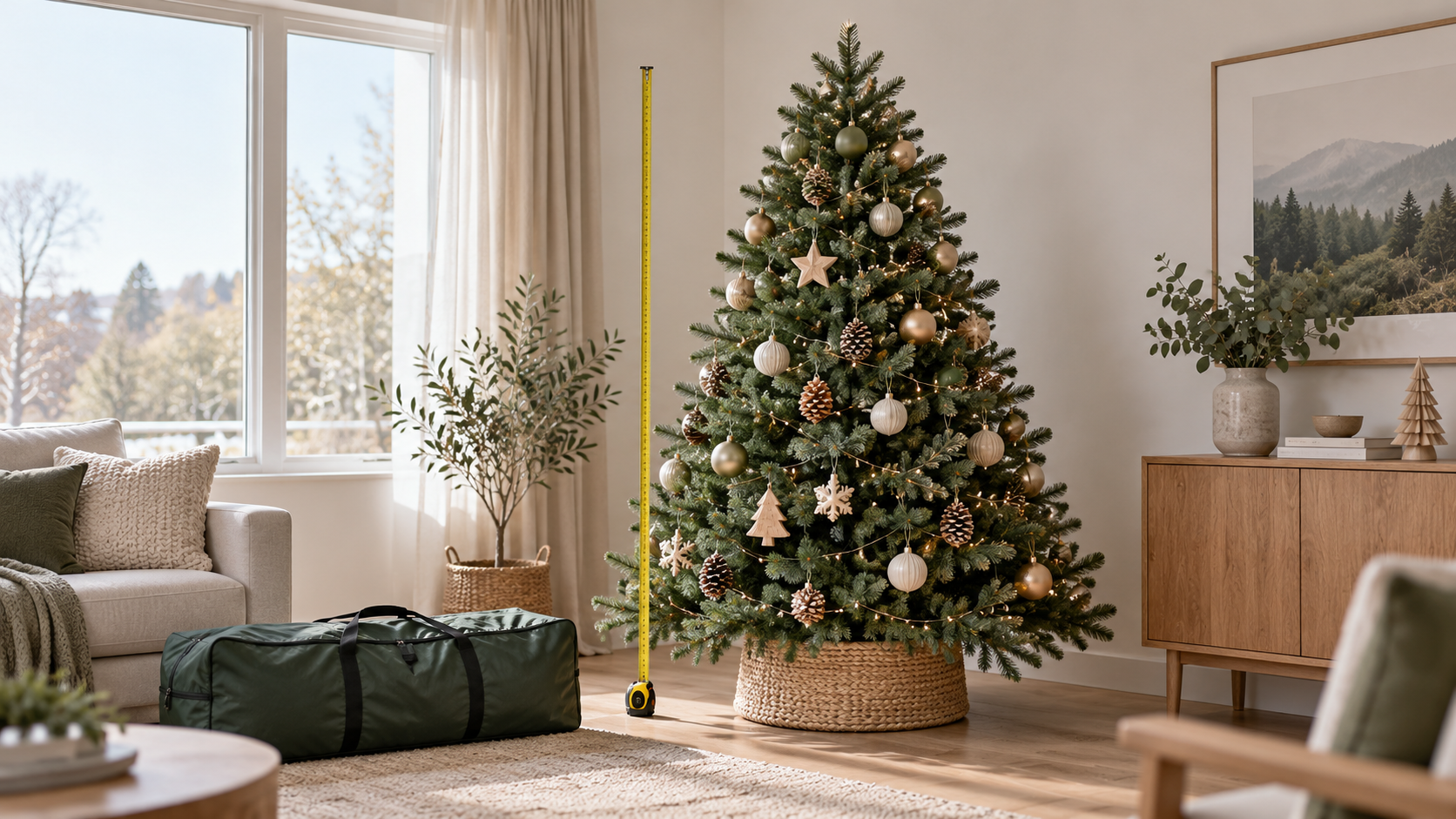 Árbol de Navidad artificial decorado junto a una cinta métrica y una bolsa para guardarlo