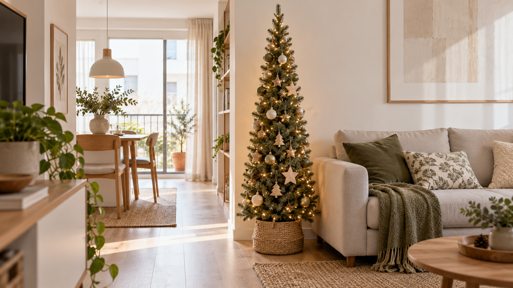 Árbol de Navidad estrecho junto a un sofá en un salón luminoso con paso despejado