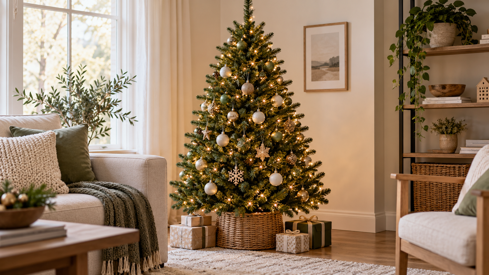 Árbol de Navidad artificial con luces cálidas incorporadas y adornos neutros