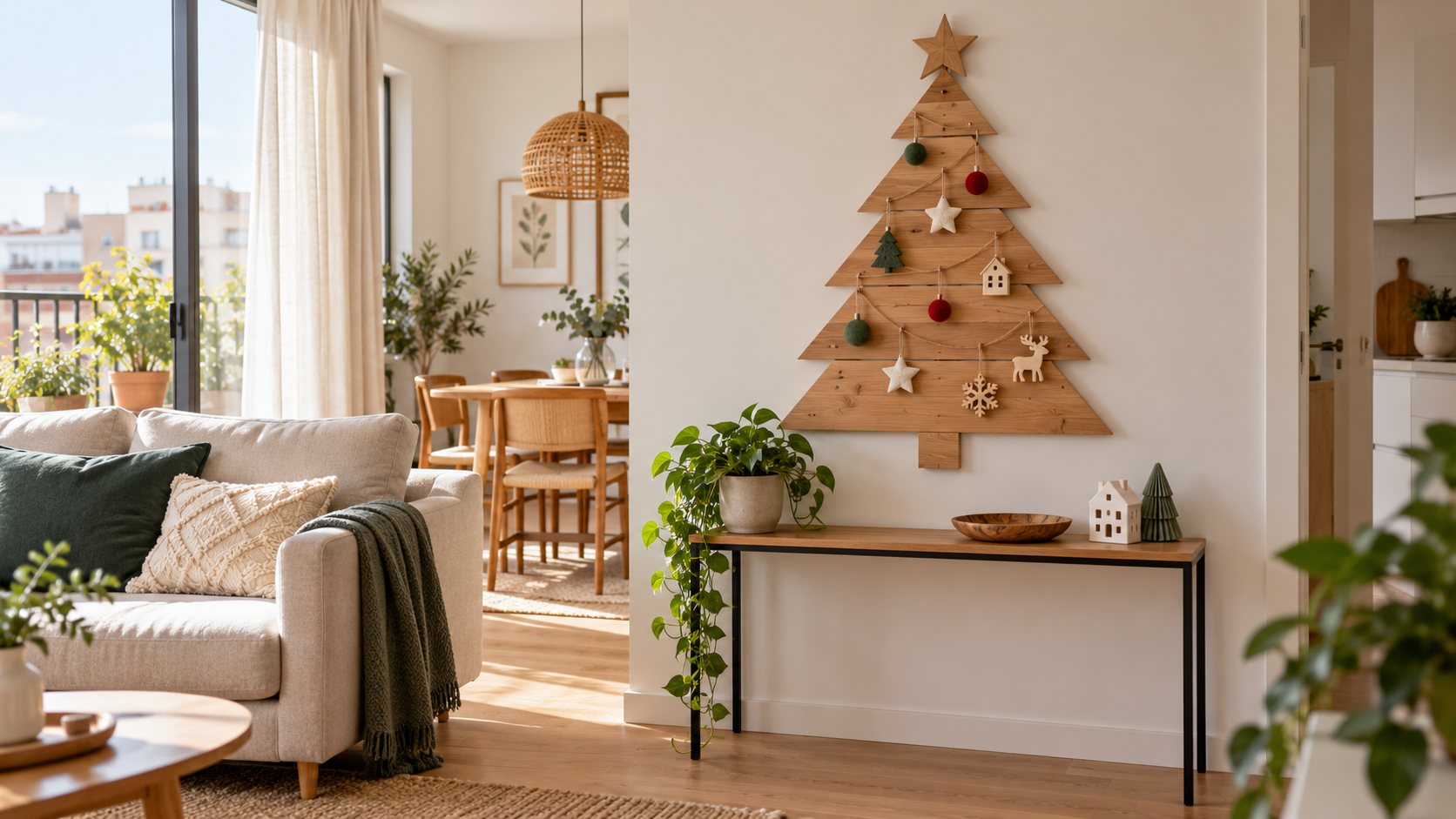 Árbol de Navidad plano de madera decorado en la pared sobre una consola