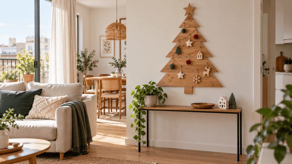 Árbol de Navidad plano de madera decorado en la pared sobre una consola