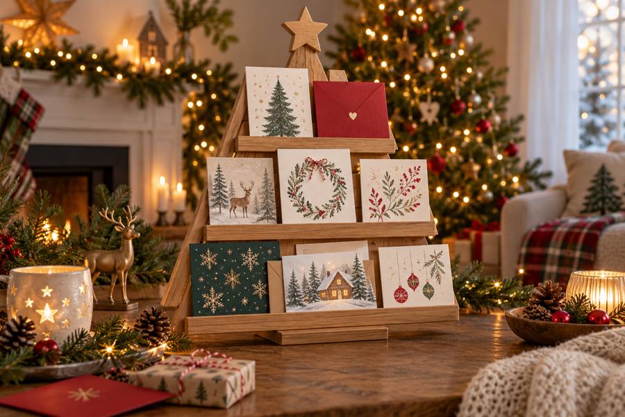 Soporte de madera con forma de árbol que muestra tarjetas navideñas en varios niveles