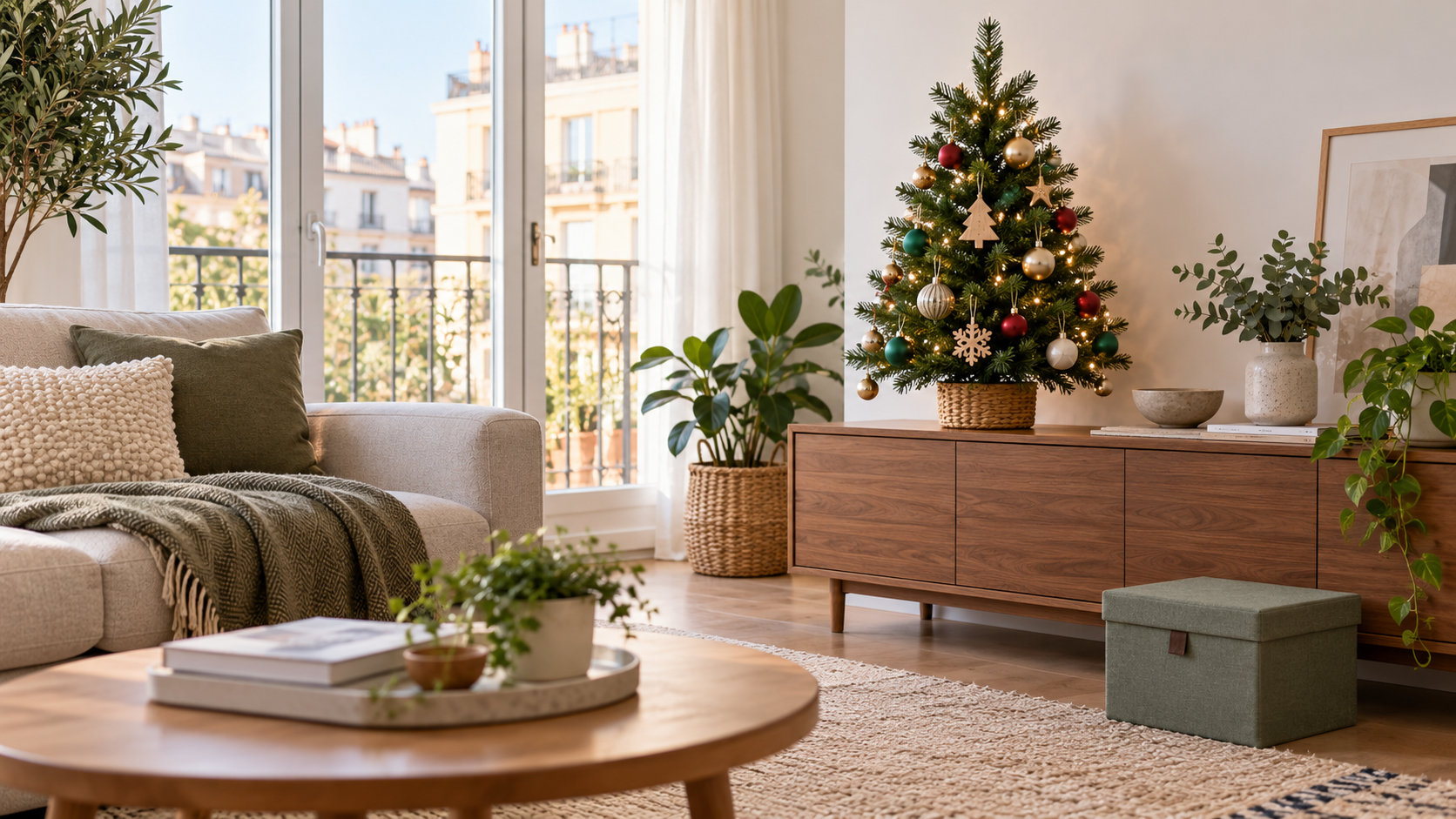 Árbol de Navidad compacto sobre un aparador en un salón de apartamento