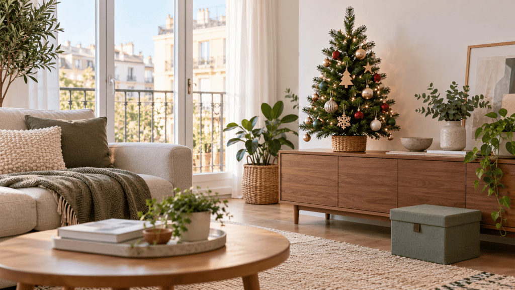 Árbol de Navidad compacto sobre un aparador en un salón de apartamento