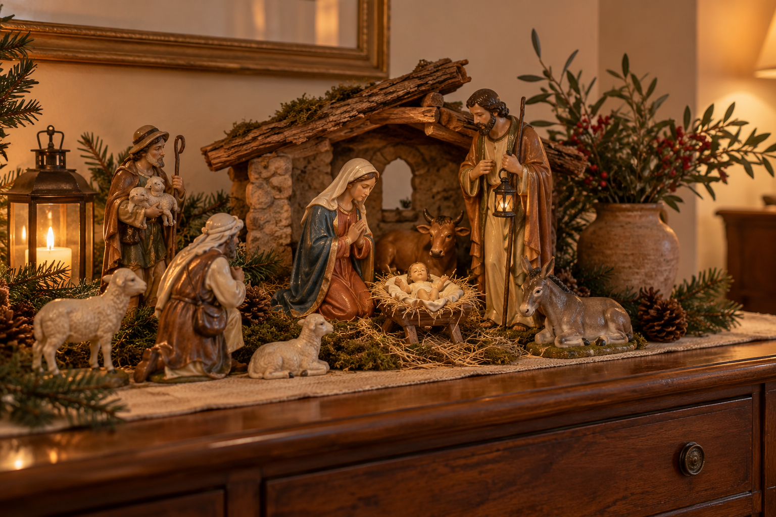 Belén navideño tradicional con figuras de la Sagrada Familia, pastores y animales