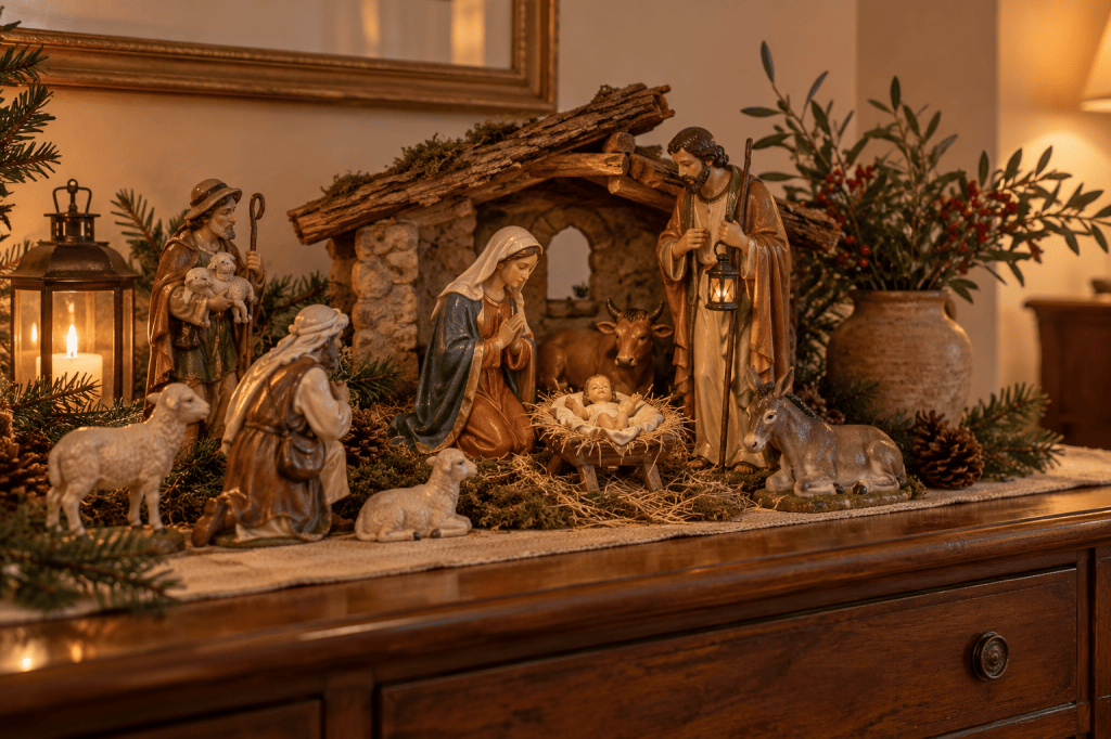 Belén navideño tradicional con figuras de la Sagrada Familia, pastores y animales