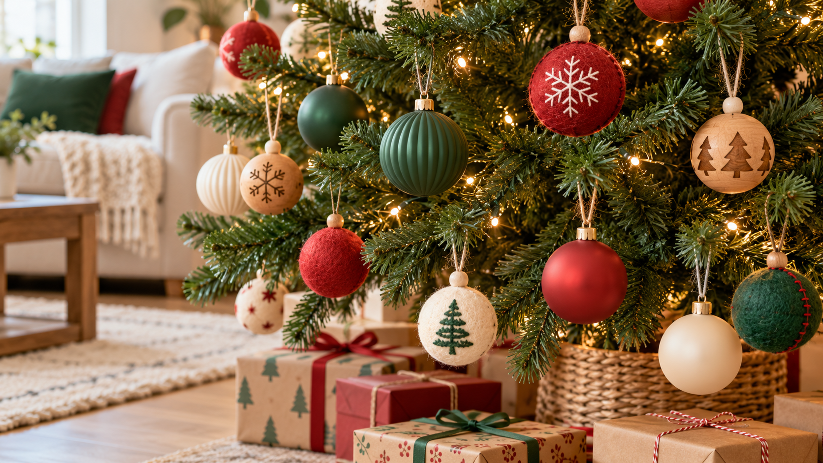 Bolas navideñas de plástico, fieltro y madera en las ramas bajas de un árbol