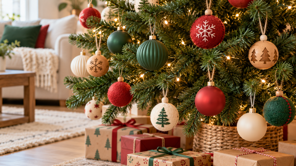 Bolas navideñas de plástico, fieltro y madera en las ramas bajas de un árbol