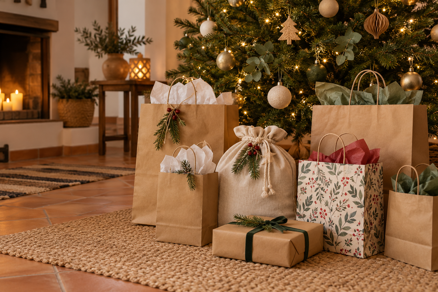 Bolsas de regalo navideñas de papel y tela en varios tamaños junto a un árbol