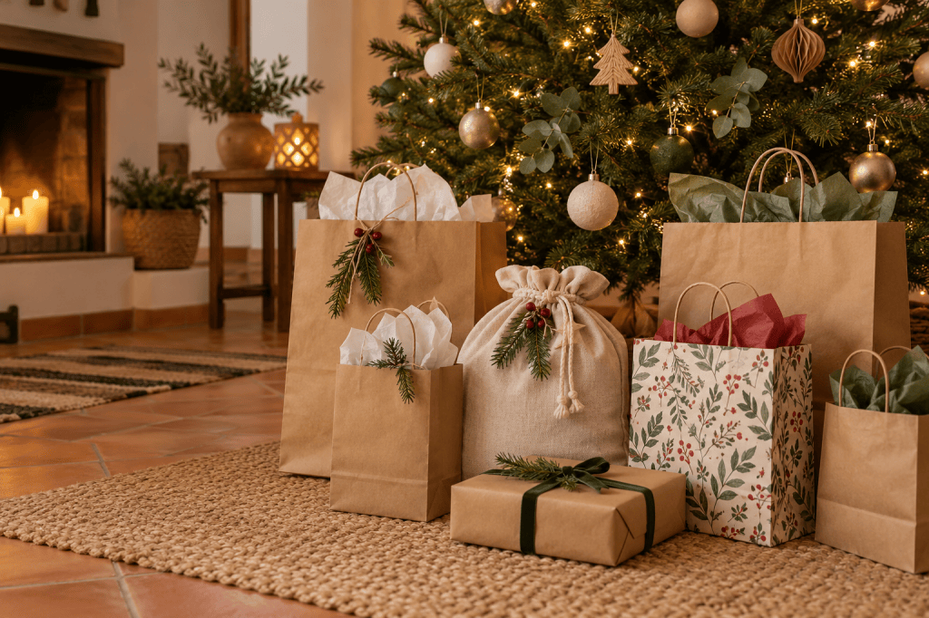 Bolsas de regalo navideñas de papel y tela en varios tamaños junto a un árbol
