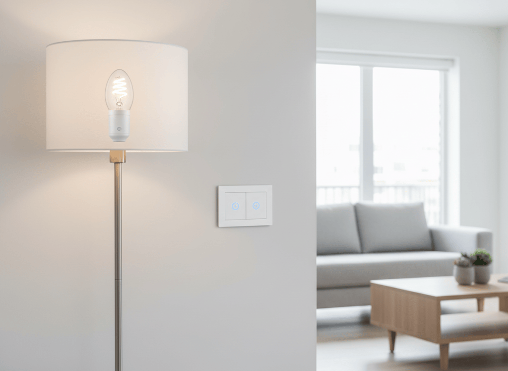 Bombilla e interruptor inteligentes en un interior moderno