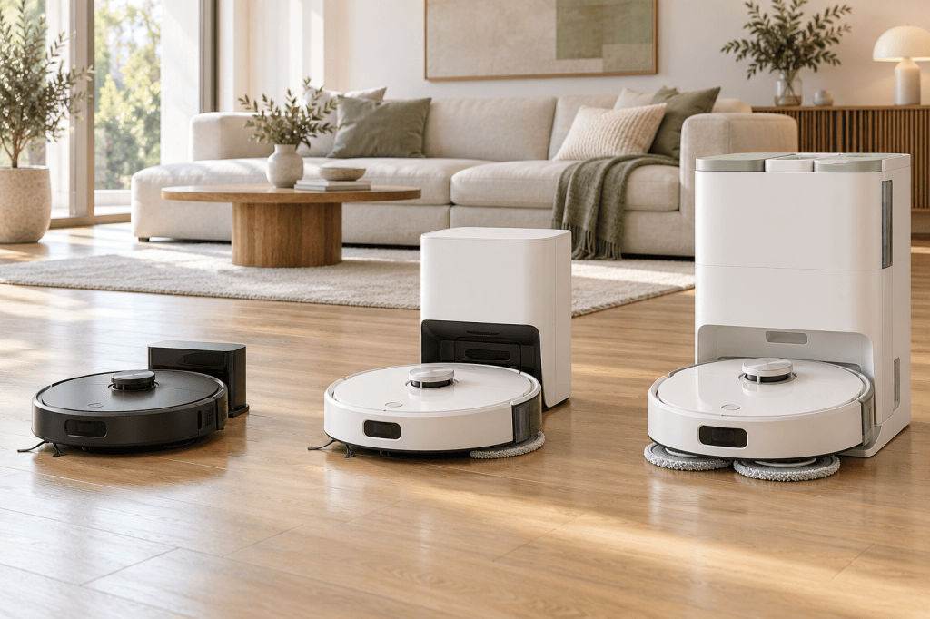 Tres generaciones de robots aspiradores sobre suelo de madera: un robot antiguo, uno con mopa y un modelo moderno con discos de fregado y base de mantenimiento.