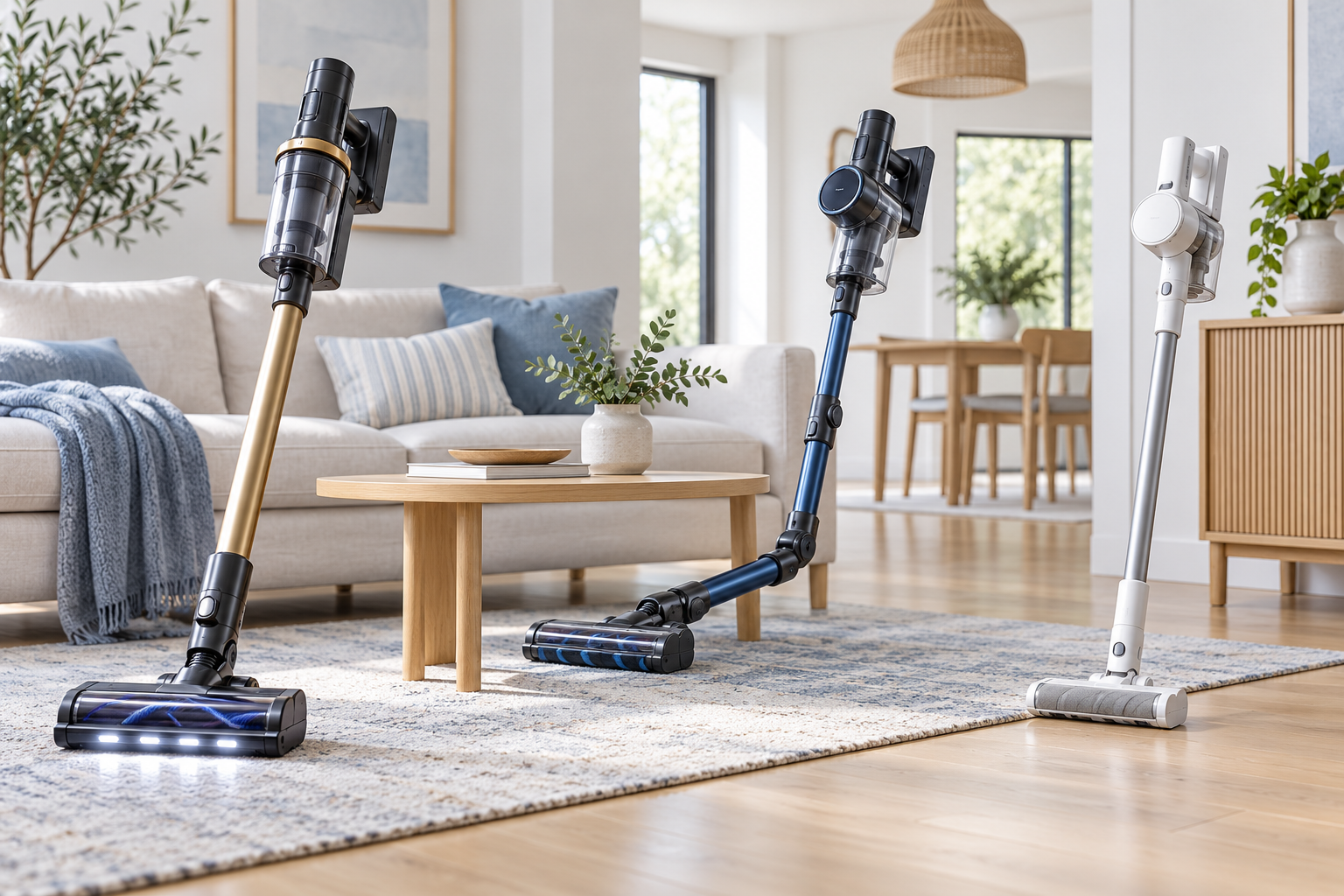 Tres aspiradoras escoba sin cable de distintas gamas y configuraciones en un salón luminoso.
