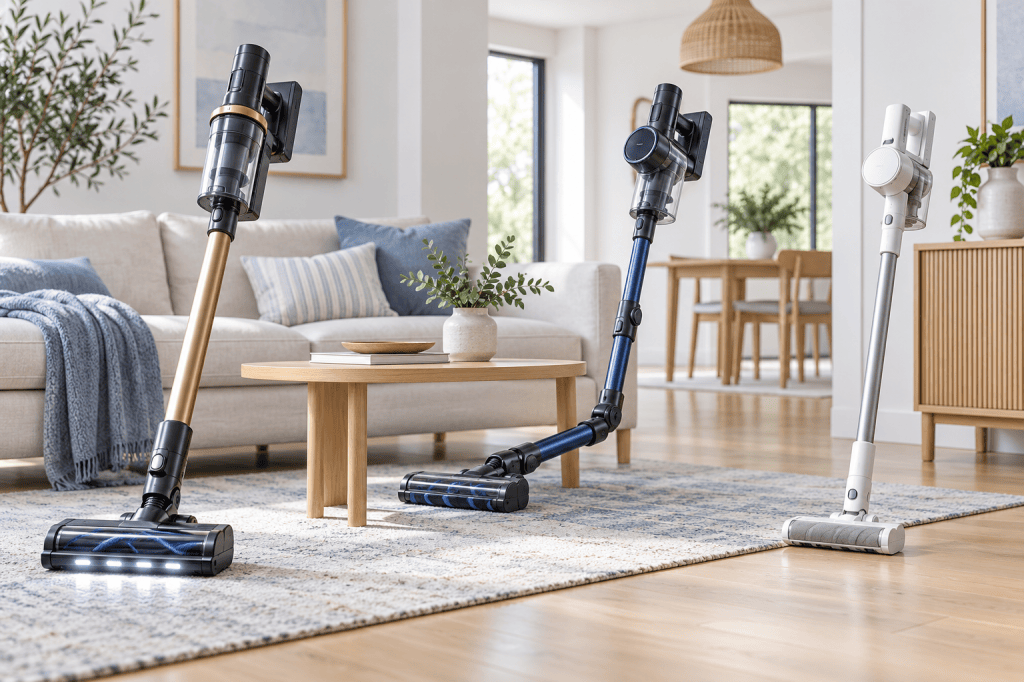 Tres aspiradoras escoba sin cable de distintas gamas y configuraciones en un salón luminoso.