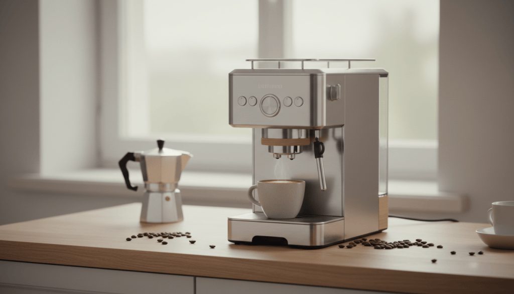 Cafetera superautomática y taza de espresso sobre una encimera luminosa