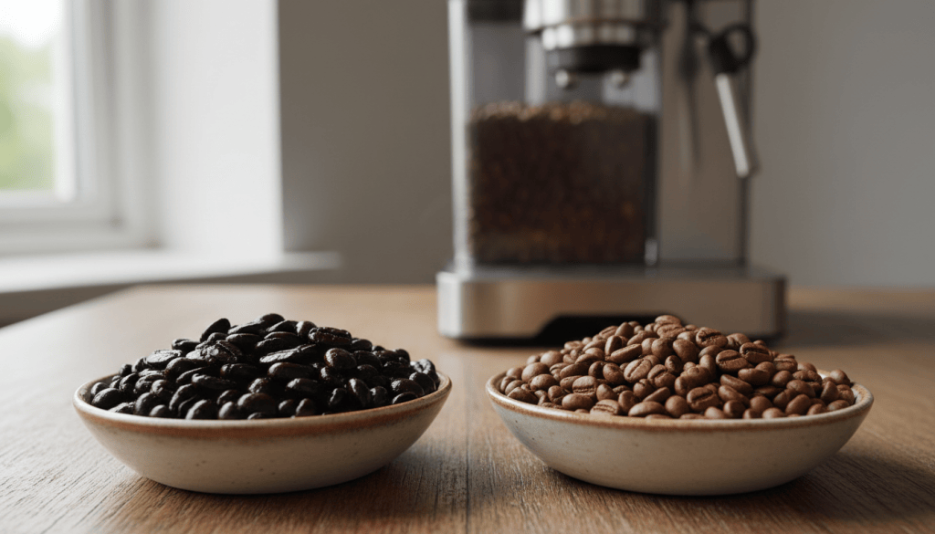 Comparación visual de granos de café brillantes y granos secos junto a una cafetera