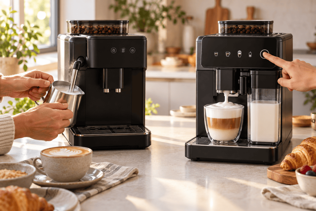 Una persona espuma leche con vaporizador manual junto a una cafetera que dispensa leche automáticamente