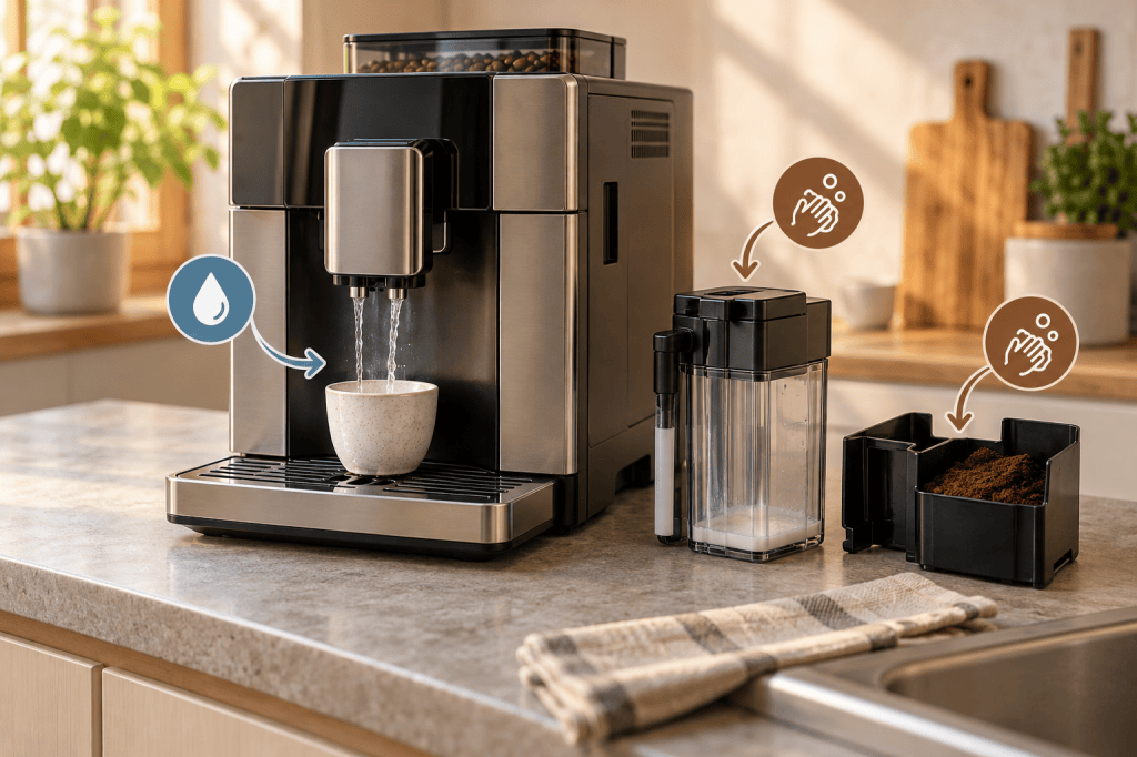 Una cafetera superautomática enjuaga el circuito mientras la jarra de leche y el cajón de posos se limpian aparte