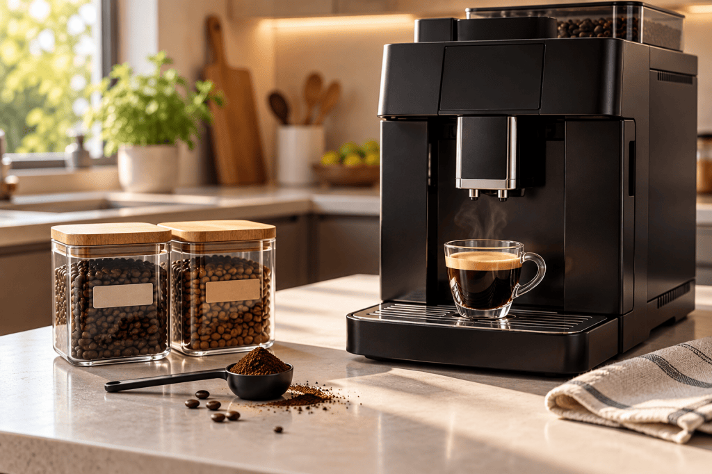 Cafetera superautomática junto a dos recipientes de café en grano y una dosis de café molido para alternar entre normal y descafeinado