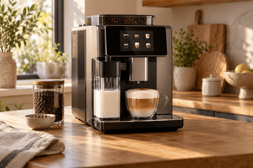 Cafetera superautomática con pantalla táctil y depósito de leche en una cocina de casa