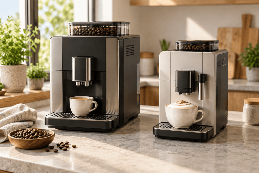 Dos cafeteras superautomáticas de distinto tamaño sirven espresso y cappuccino en una cocina