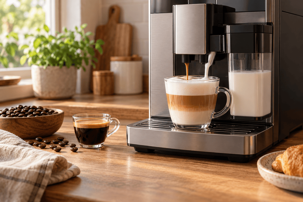 Una cafetera superautomática prepara un capuchino con espuma de leche en una cocina