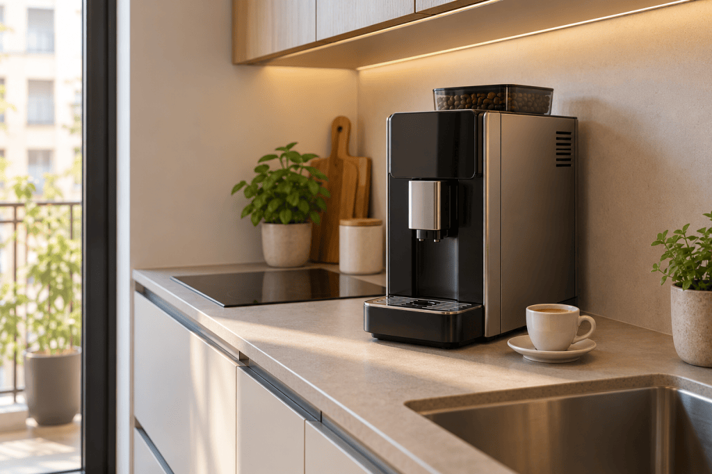 Cafetera superautomática compacta sobre una encimera estrecha bajo un armario de cocina