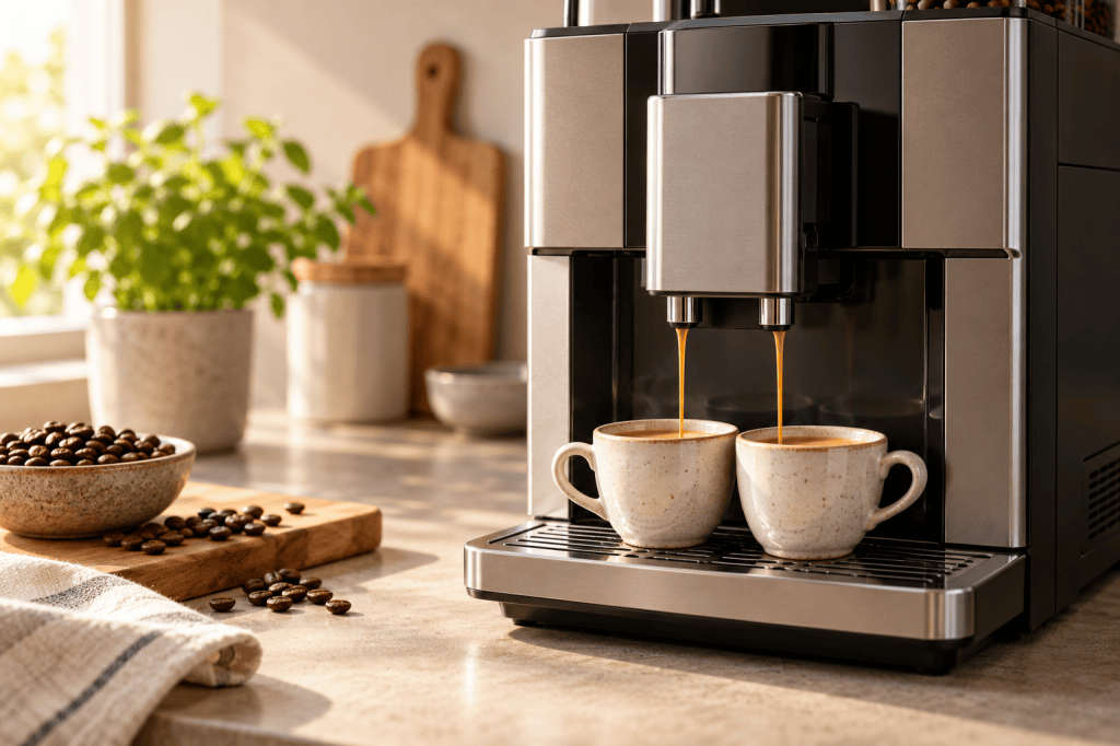Dos tazas de espresso bajo las salidas de una cafetera superautomática