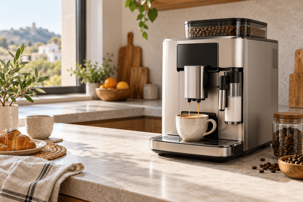 Cafetera superautomática con café en grano en una cocina luminosa