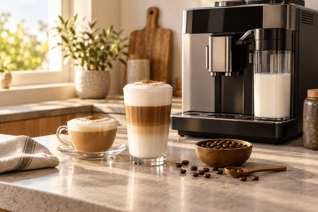 Latte macchiato y cappuccino preparados con una cafetera superautomática en casa