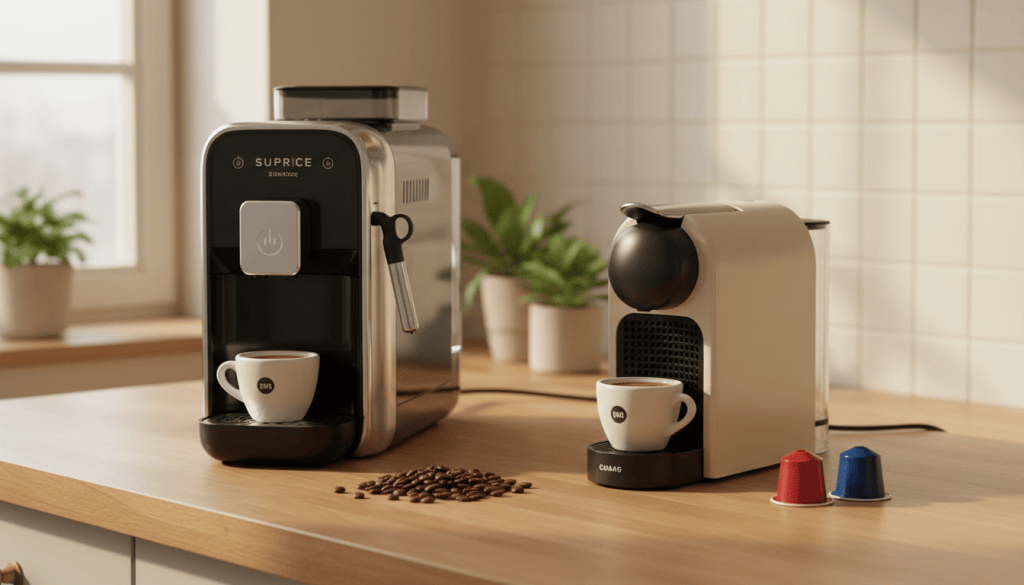 Cafetera superautomática y cafetera de cápsulas con café y cápsulas sobre una encimera
