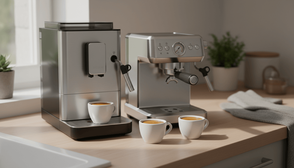 Cafetera superautomática y cafetera espresso manual juntas en una encimera