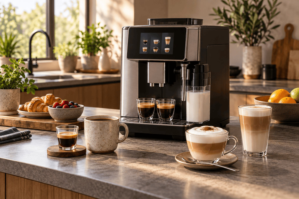 Cafetera superautomática con varias tazas de bebidas distintas en una cocina familiar