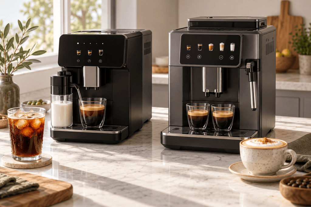 Dos cafeteras superautomáticas negras sobre una encimera, una prepara espresso y otra acompaña una taza de capuchino