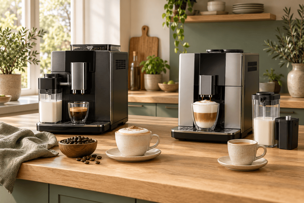 Dos cafeteras superautomáticas con depósito de leche en una cocina luminosa