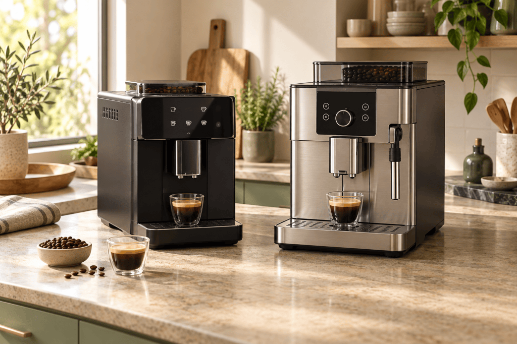 Dos cafeteras superautomáticas domésticas sobre una encimera luminosa, junto a tazas de espresso