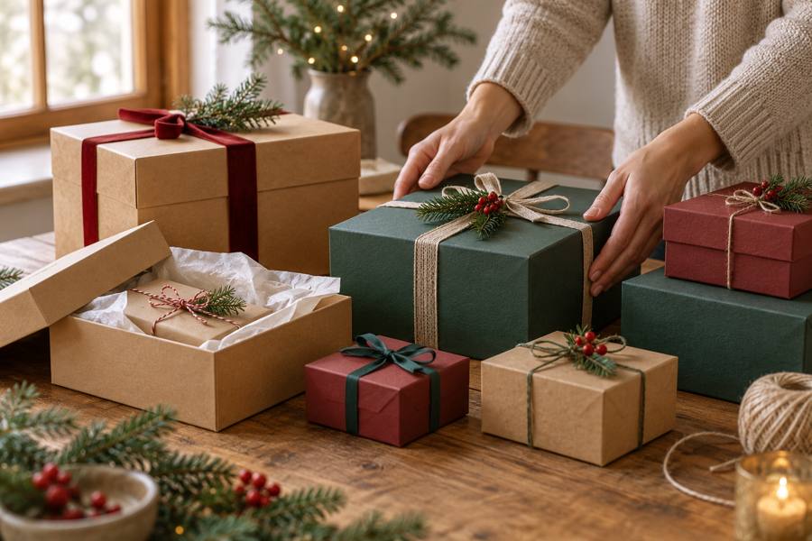 Cajas de regalo navideñas de varios tamaños, algunas abiertas y otras decoradas con cintas sobre una mesa