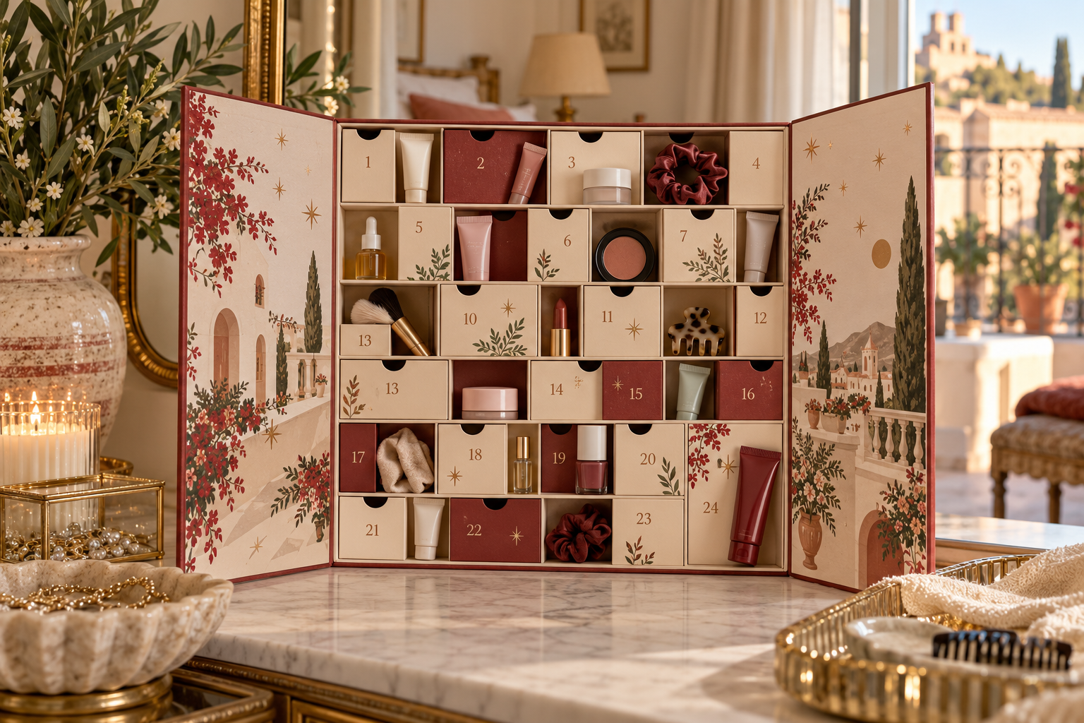 Calendario de Adviento de belleza abierto con productos de cuidado personal, maquillaje y accesorios