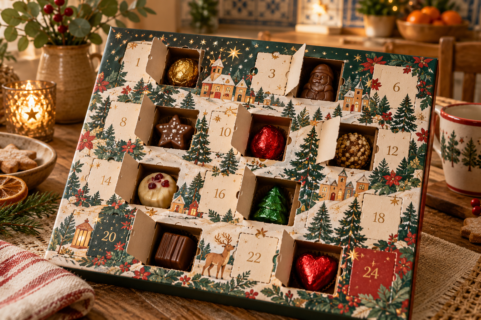 Calendario de Adviento abierto con chocolates individuales en compartimentos numerados