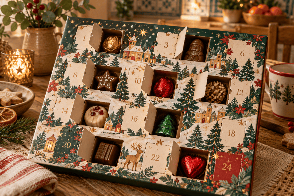 Calendario de Adviento abierto con chocolates individuales en compartimentos numerados