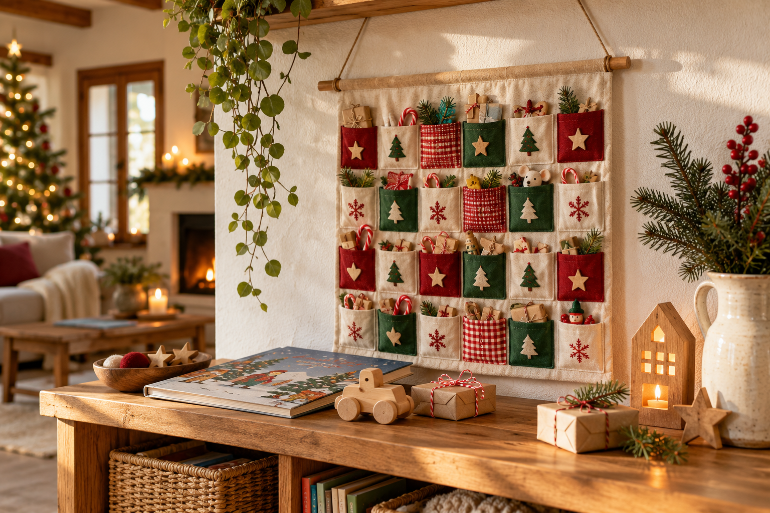 Calendario de Adviento infantil reutilizable de bolsillos con pequeños regalos y adornos de madera