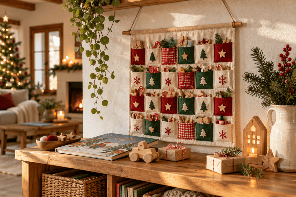 Calendario de Adviento infantil reutilizable de bolsillos con pequeños regalos y adornos de madera